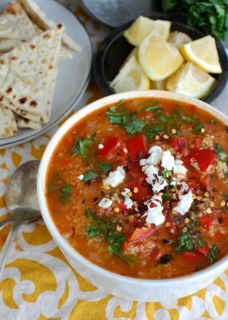 Tomato Red Pepper Bulgur Soup is a vegan soup that boasts smoky and sweet flavors. This soup is hearty, healthy and will make your taste buds happy. You can easily bulk this soup up with chickpeas, white beans or grilled chicken.