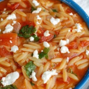 One Pot Creamy Tomato Herb Orzo in a blue bowl