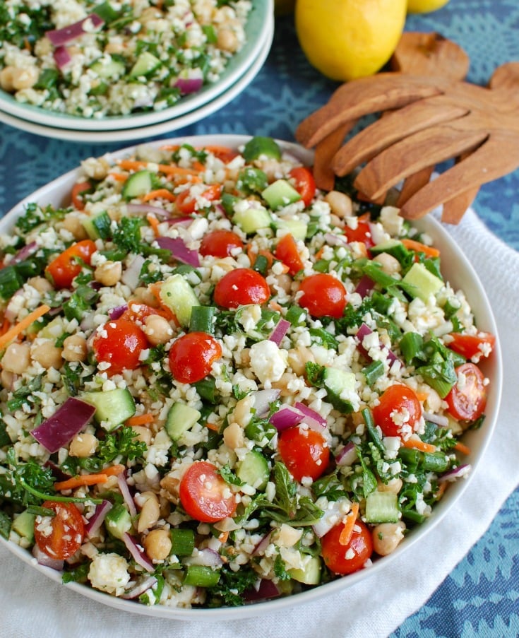 Mediterranean Chickpea Cauliflower Salad  with tomatoes.