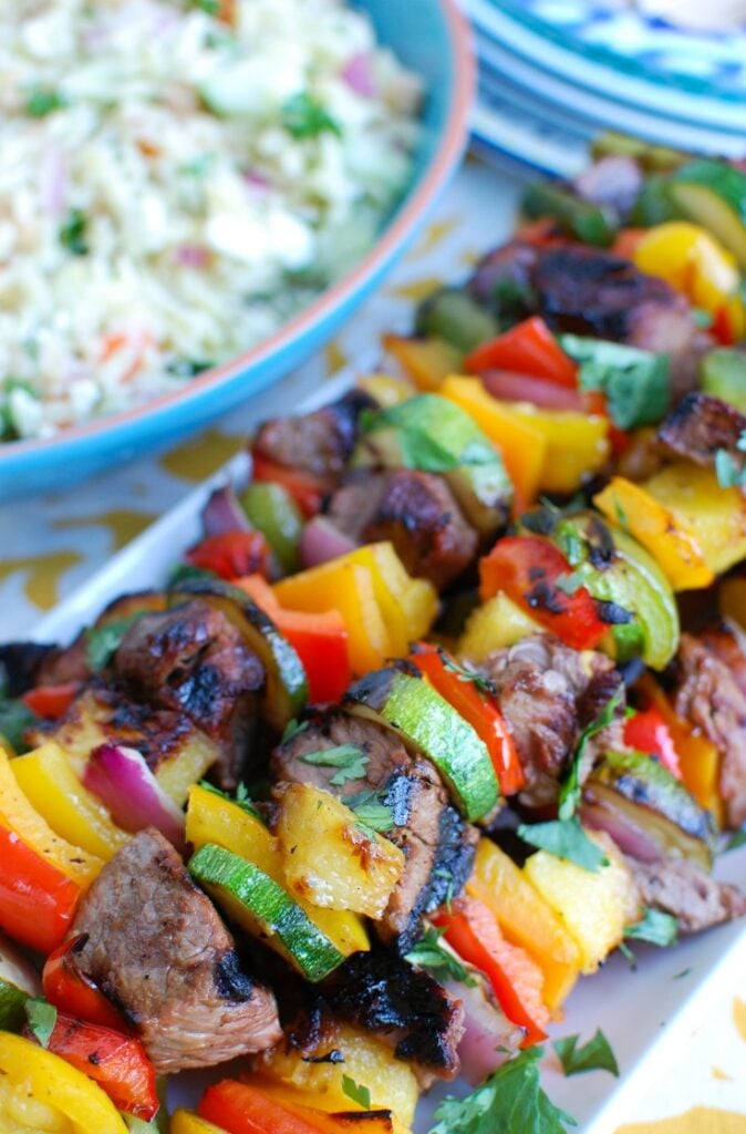 Grilled Hawaiian Steak Kabobs Side View 