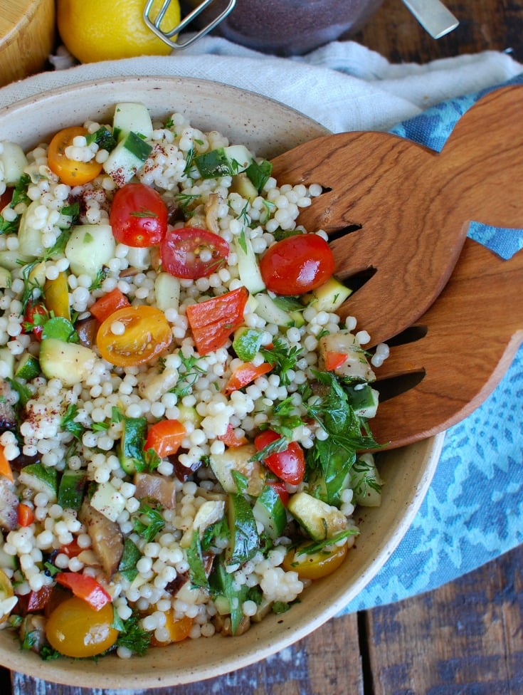 Mediterranean Grilled Vegetable Couscous Salad White Bowl