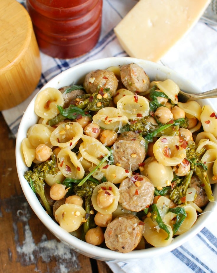 One Pot Orecchiette with Sausage and Broccoli White Bowl