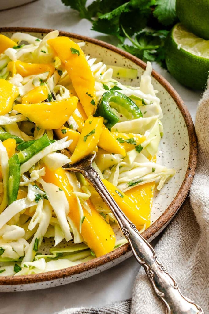 Easy Mango Cabbage Coleslaw with fork 