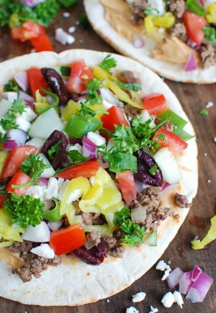 Greek Beef Pita Pizza Up Close