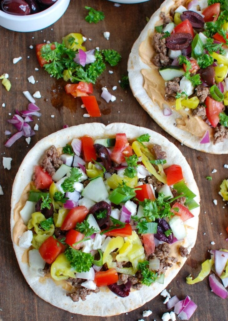 Greek Beef Pita Pizza Above