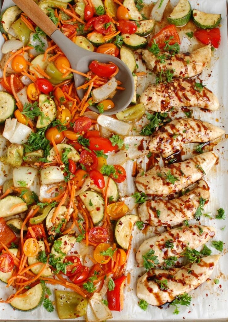 Sheet Pan Honey Balsamic Chicken Tenders and Vegetables Baking Pan