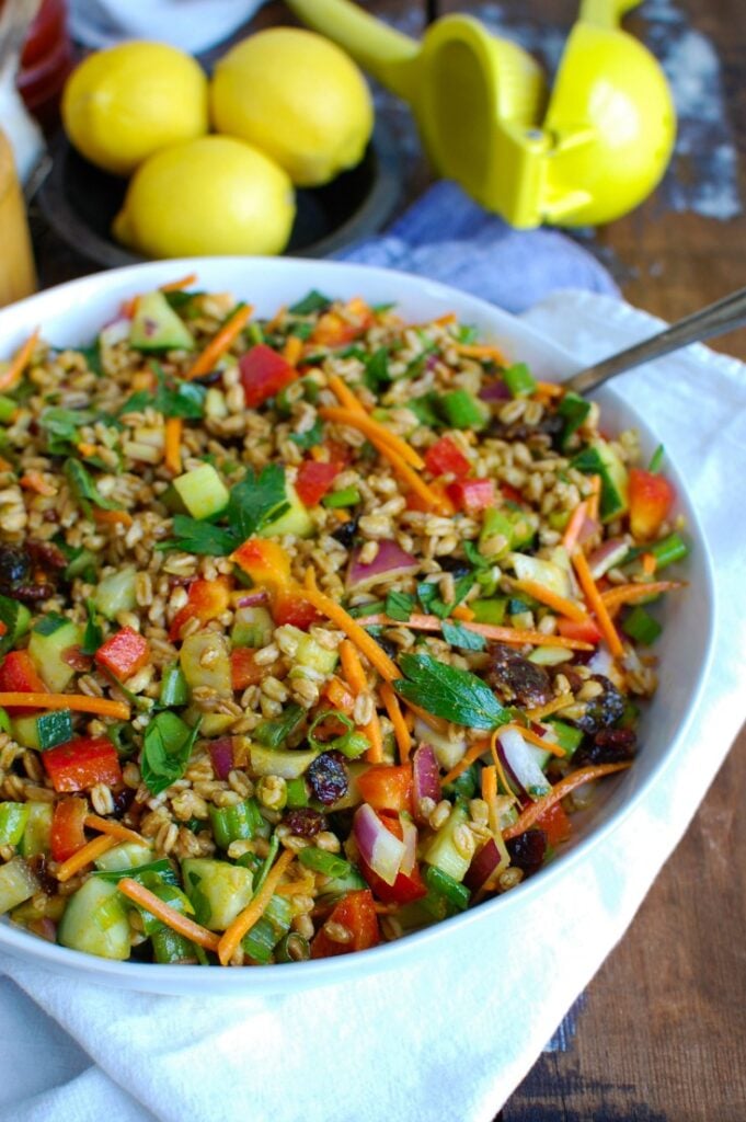 Easy Summer Farro Salad White Bowl with spoon