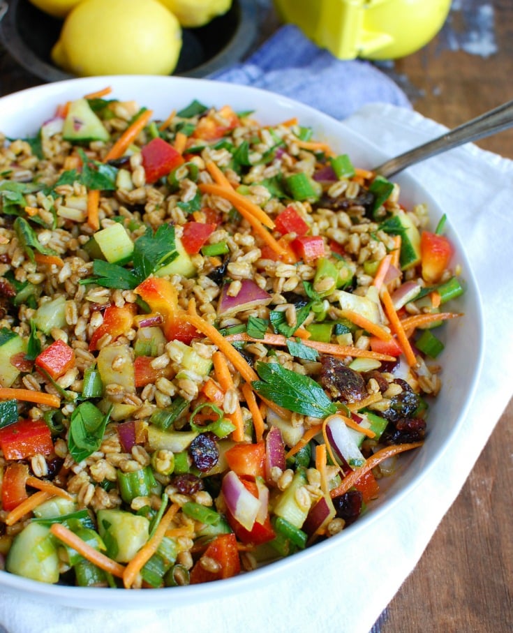 Easy Summer Farro Salad White Bowl