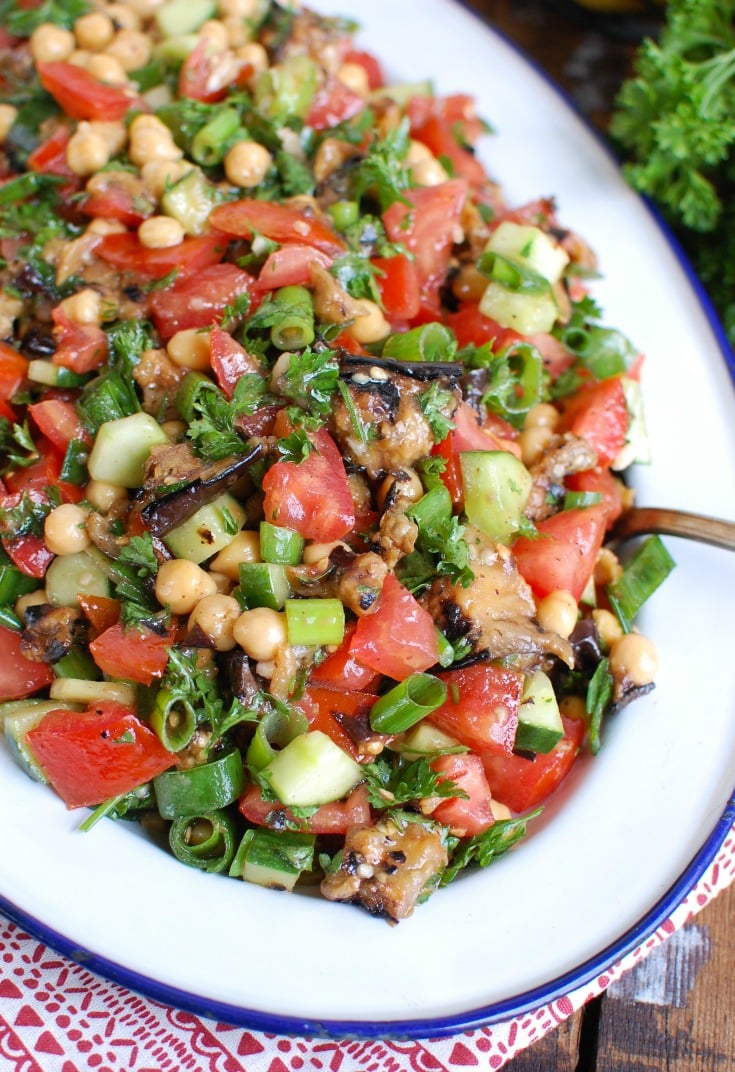Mediterranean Eggplant Chickpea Salad on White Platter