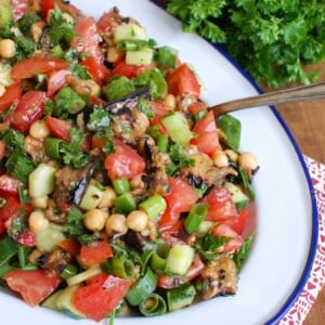 Mediterranean Eggplant Chickpea Salad with spoon.