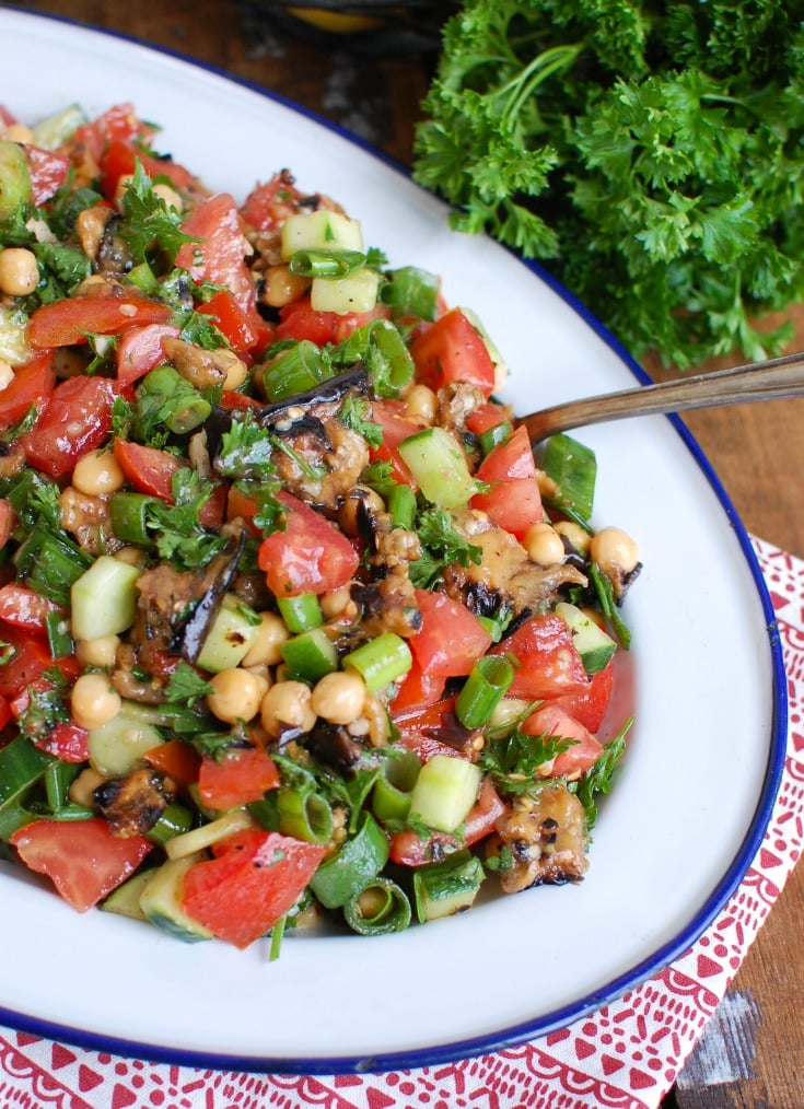 Mediterranean Eggplant Chickpea Salad with spoon.