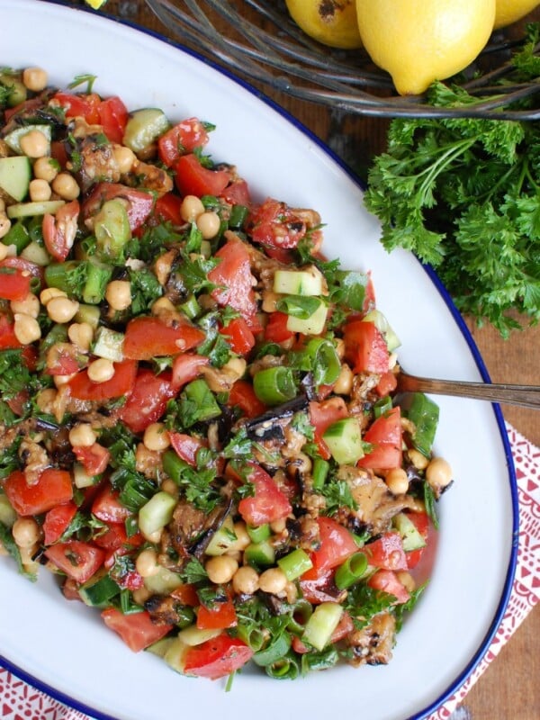 Mediterranean Eggplant Chickpea Salad on White Blue Platter