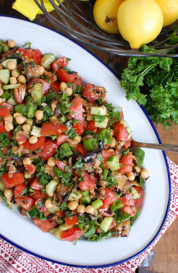 Mediterranean Eggplant Chickpea Salad on White Blue Platter