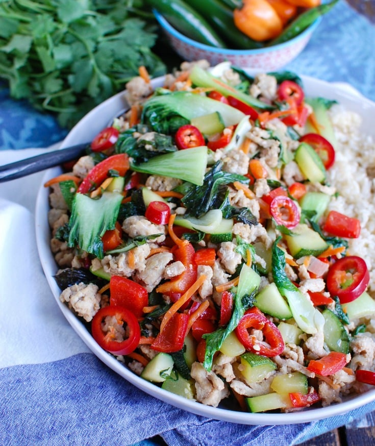 Spicy Thai Basil Chicken Stir-Fry with spoon