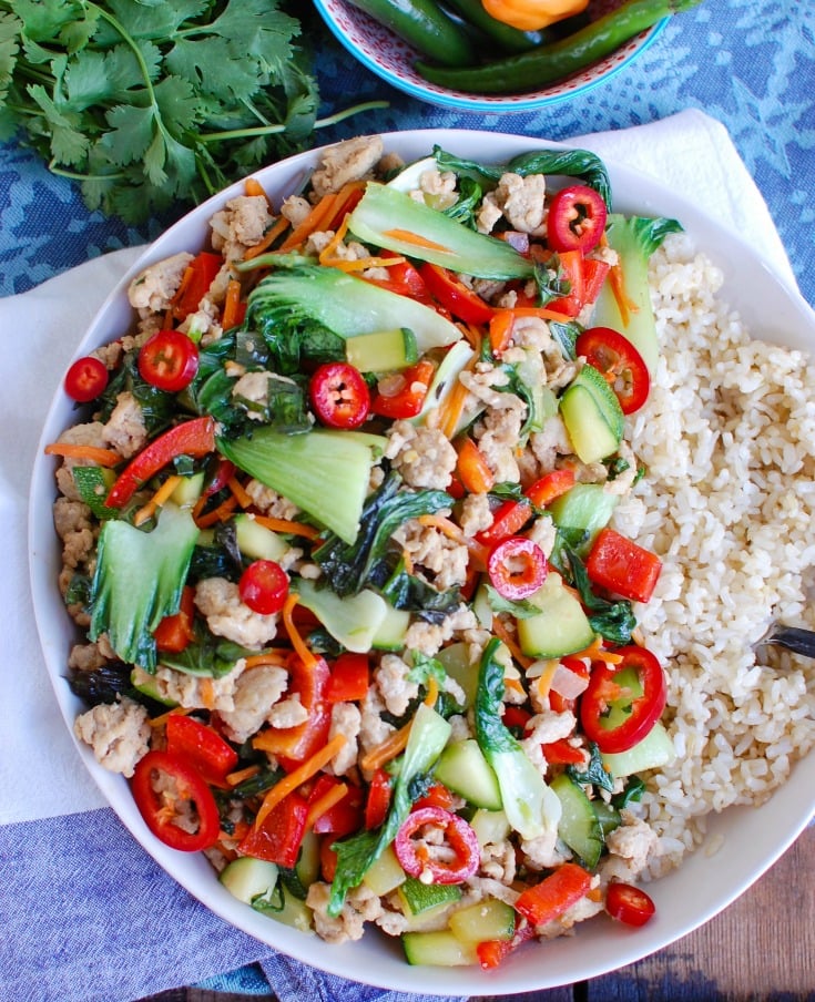 Spicy Thai Basil Chicken Stir-Fry Full White Plate