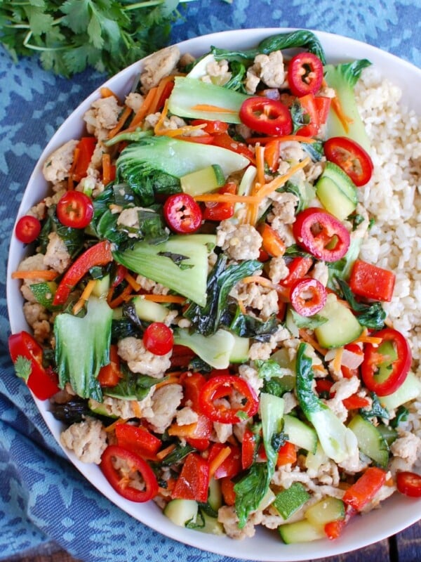 Spicy Thai Basil Chicken Stir-Fry White Plate