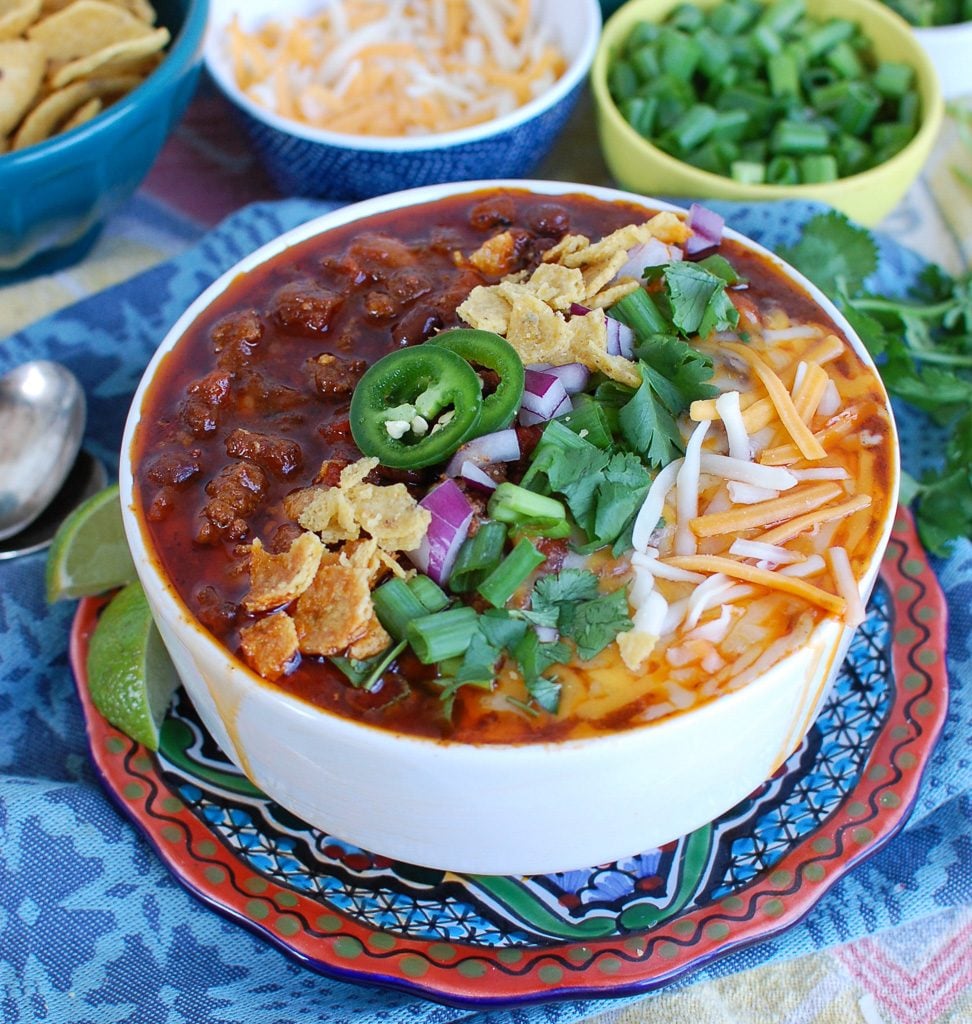 Easy Instant Pot Beef Chili White Bowl 