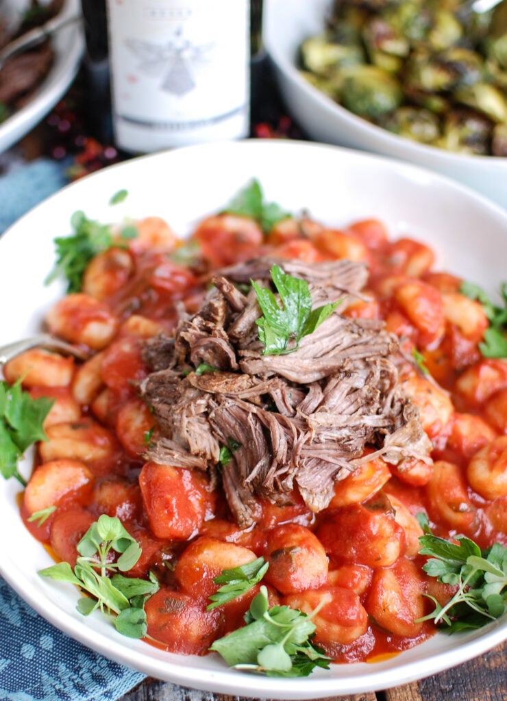 Slow Cooker Balsamic Short Ribs Shredded Beef on Gnocchi