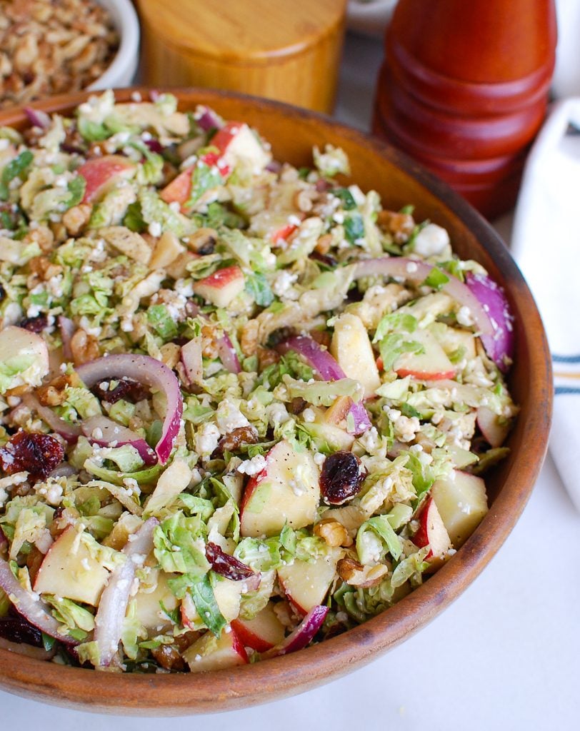 Brussels Sprout Apple Goat Cheese Salad Wood Bowl with Tongs 