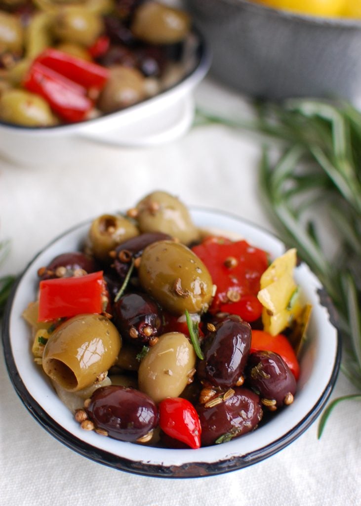 Lemon Marinated Olives in white bowl