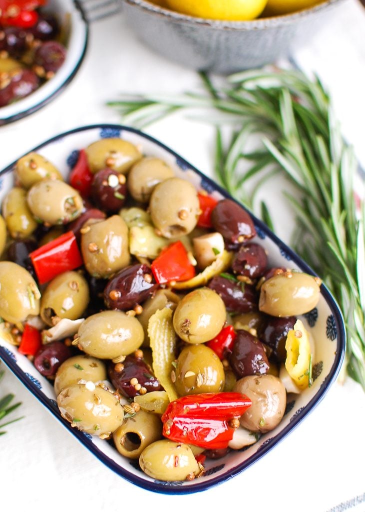 Lemon Marinated Olives in Blue Dish 
