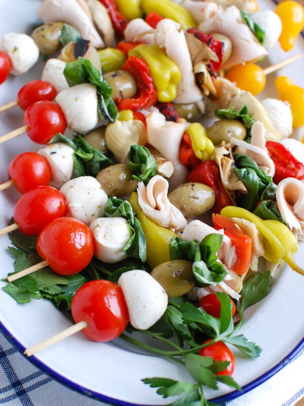 Mediterranean Antipasto Skewers White Plate