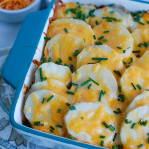 Spinach Artichoke Scalloped Potatoes Blue Baking Dish