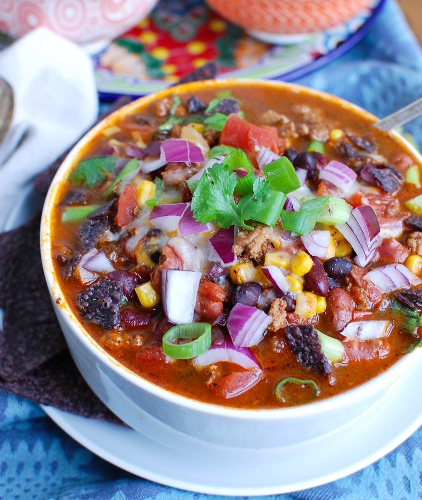 Instant Pot Turkey Chili with white plate