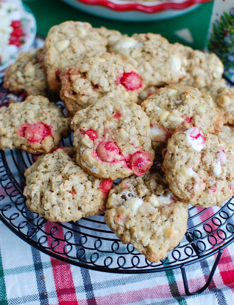 Oatmeal White Chocolate Peppermint Cookies On a Tray