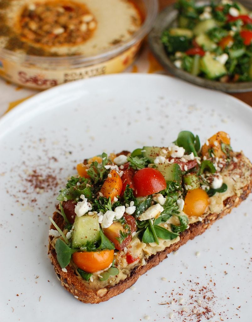 Mediterranean Hummus Toast with Za'atar with fresh vegetables 
