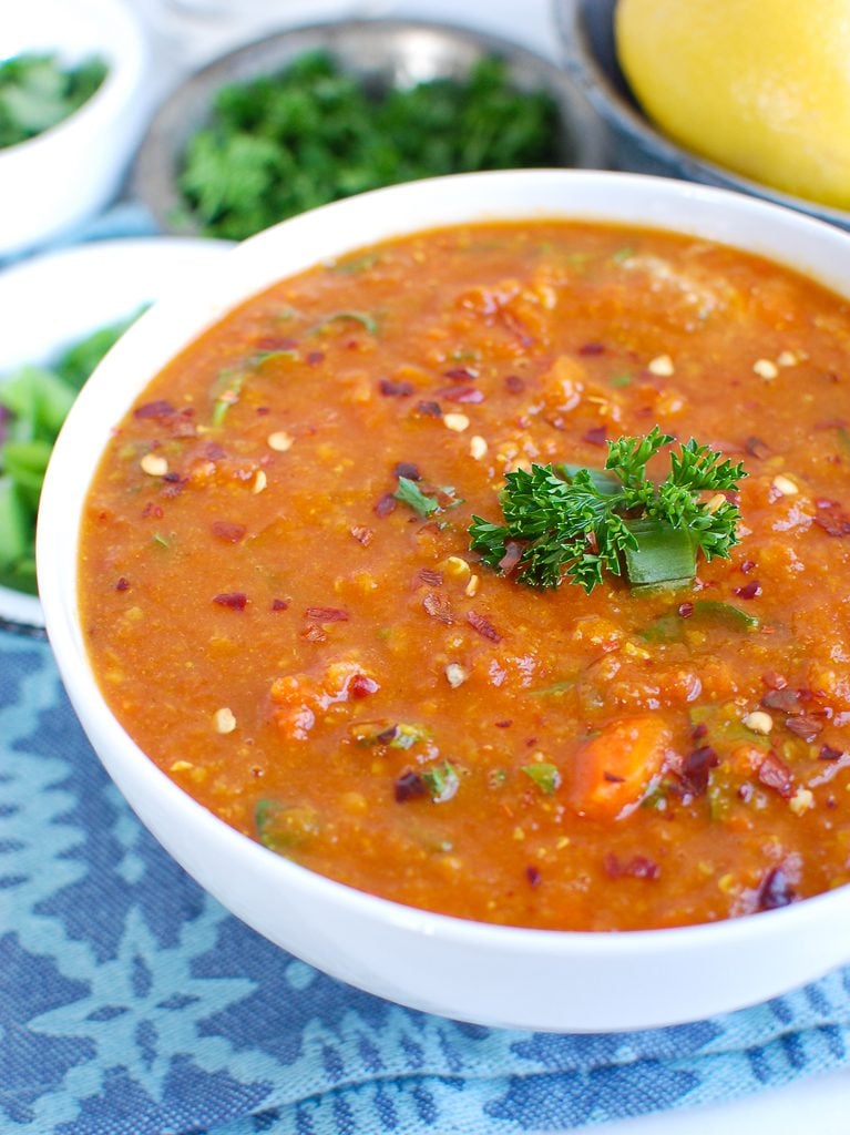 Slow Cooker Lentil Soup White Bowl