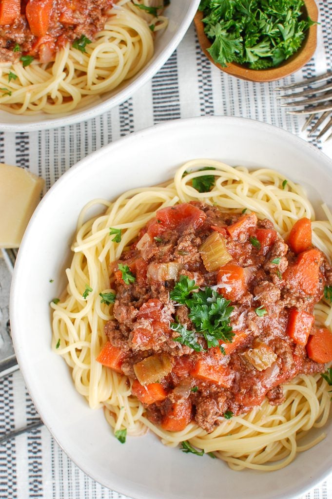 Slow Cooker Spaghetti Sauce Above with Fork