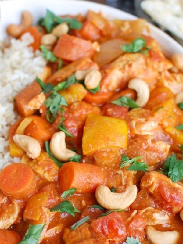 Slow Cooker Chicken Curry in a white bowl