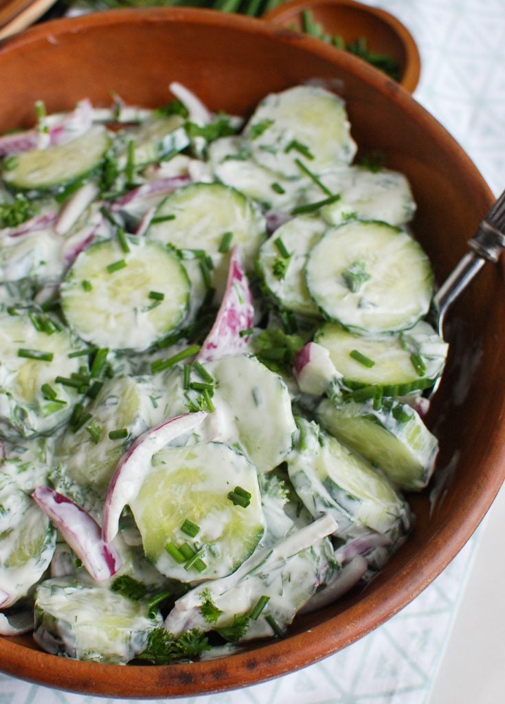 Creamy Cucumber Salad in Brown Bowl 