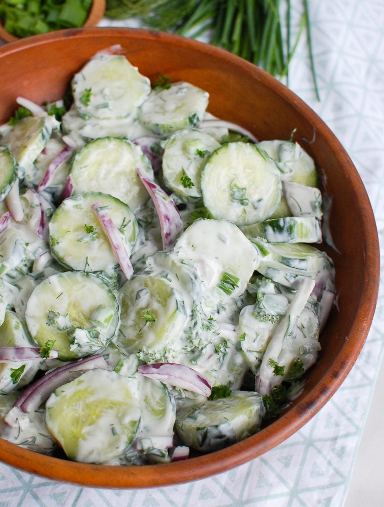 Creamy Cucumber Salad Big Wooden Bowl 