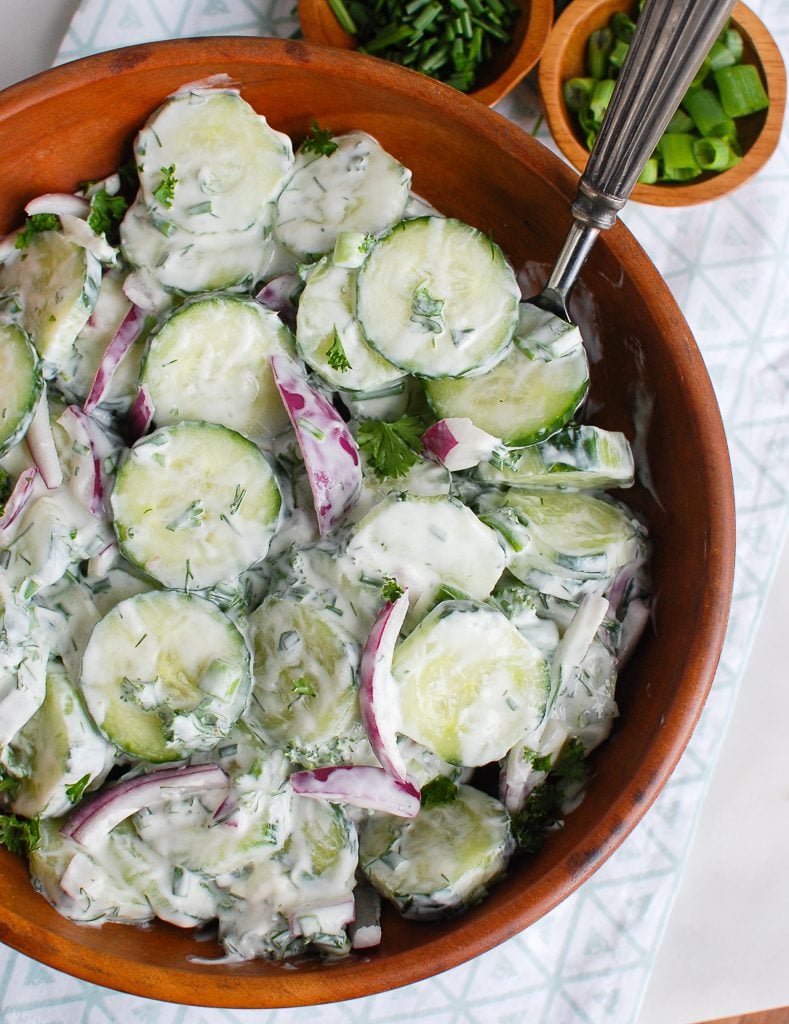Creamy Cucumber Salad with Spoon 