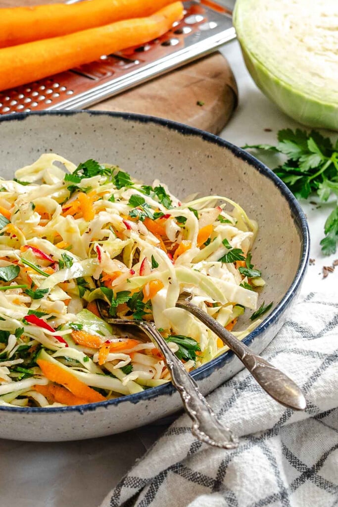 Healthy Coleslaw side shot with fork 