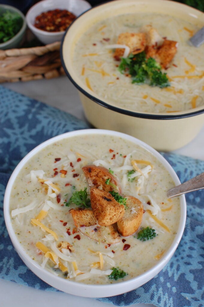 Instant Pot Broccoli Cheese Soup in big bowl 