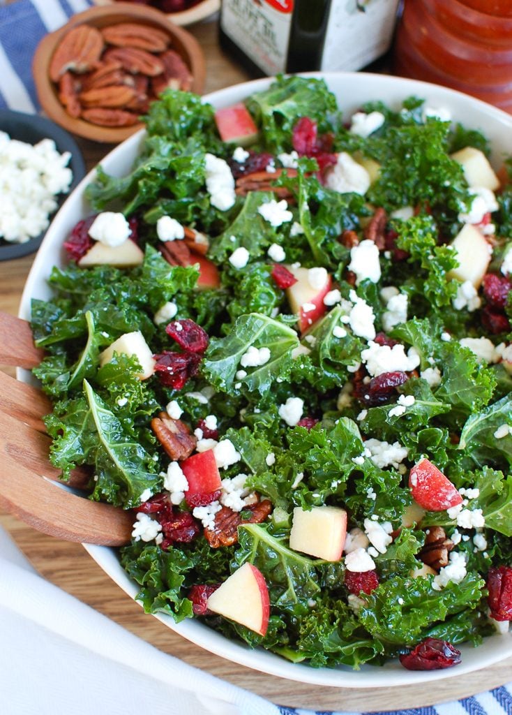 Kale Salad with Cranberries in white bowl