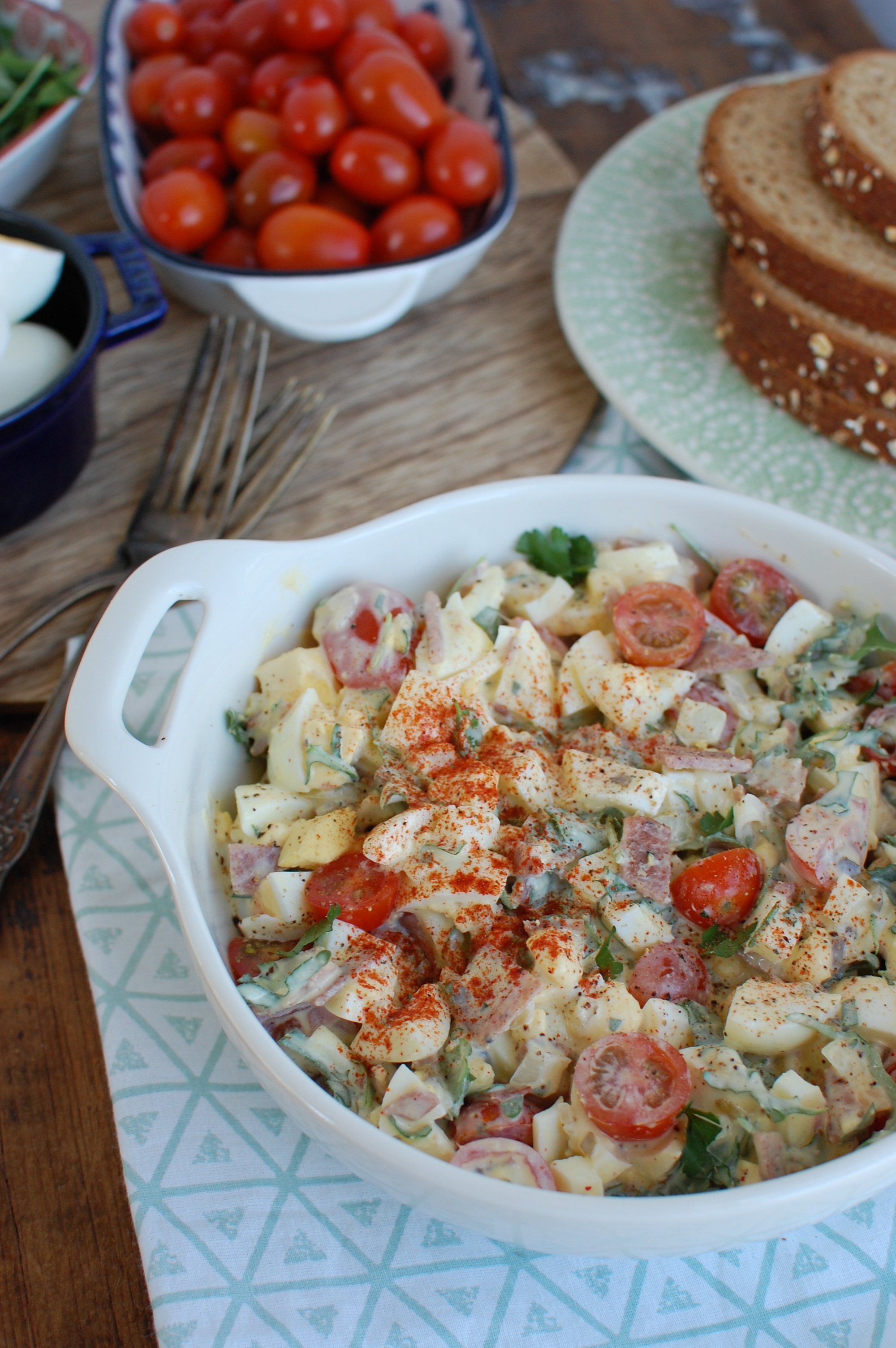 Bacon Egg Salad on a blue napkin