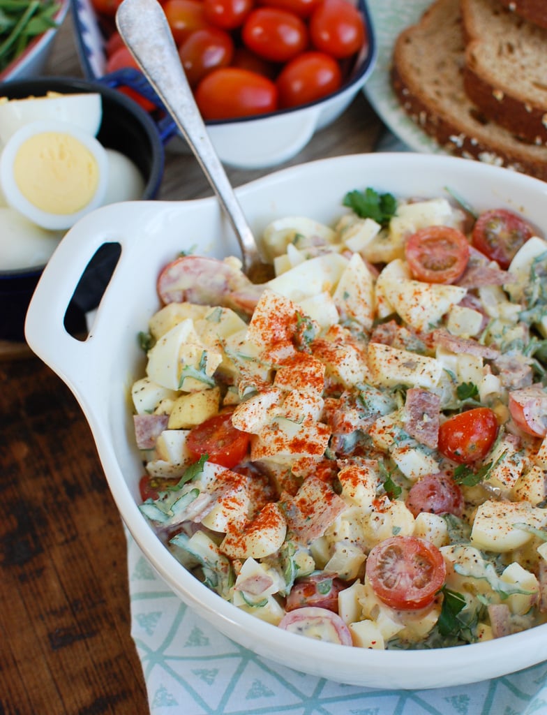 Bacon Egg Salad in a white bowl. 
