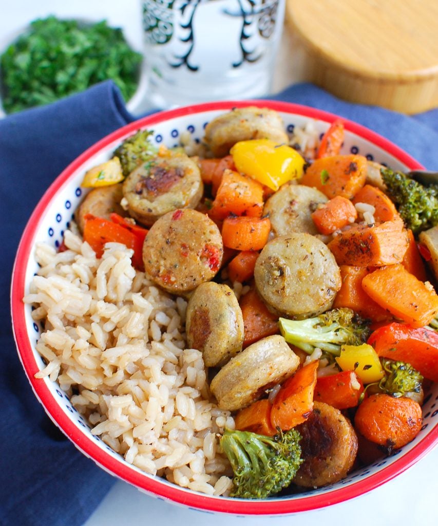 Sheet Pan Chicken Sausage and Vegetables in bowl 