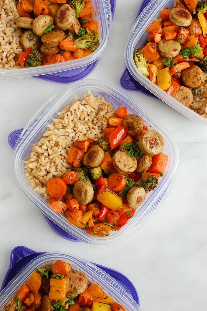 Sheet Pan Chicken Sausage and Vegetables in tupperware 