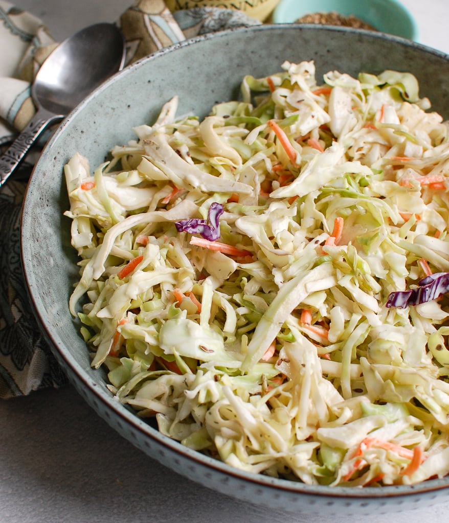 Creamy Coleslaw Recipe  in blue bowl 