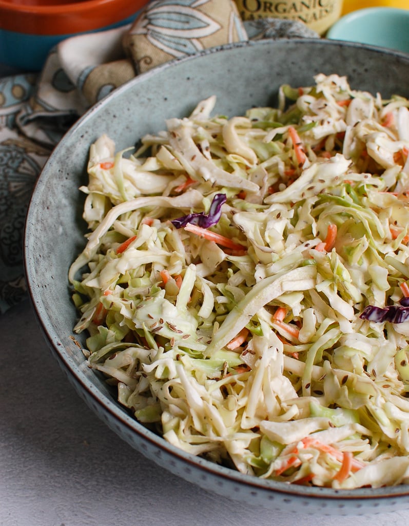 Creamy Coleslaw Recipe in blue bowl 