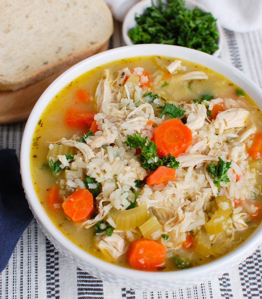 Slow Cooker Chicken and Rice Soup with bread 