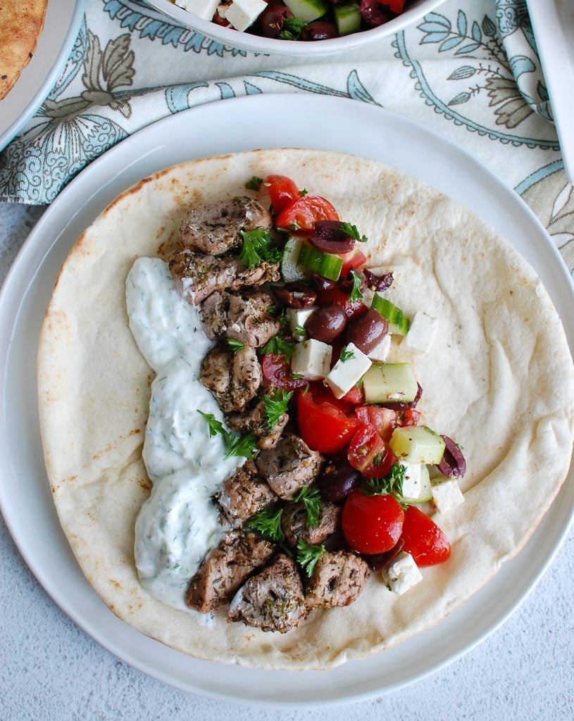 Pork Souvlaki with Tzatziki with Greek Salad 
