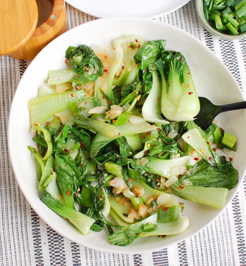 Easy Bok Choy Recipe in white bowl above shot 