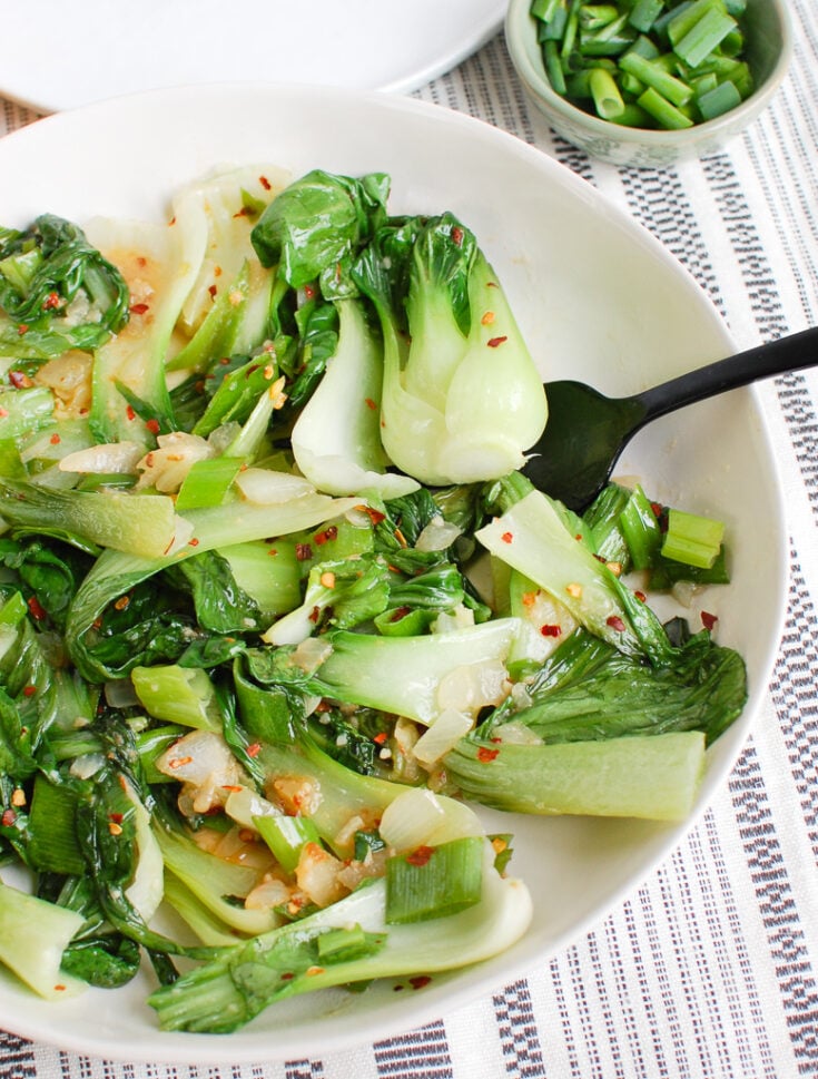 Easy Bok Choy Breakfast Skillet with crispy garlic — Recipe Fiction