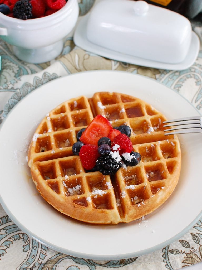 Greek Yogurt Waffles on white plate